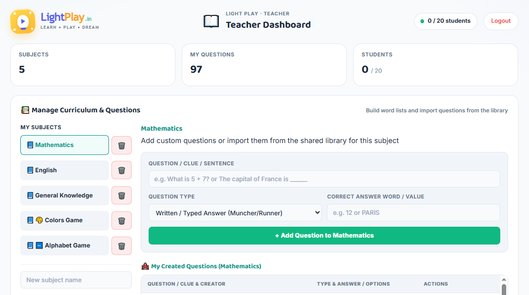 LightPlay teacher dashboard